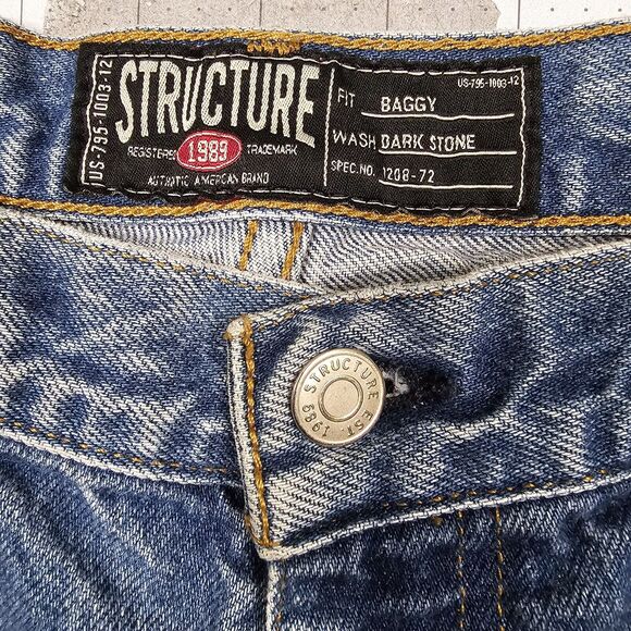 Vintage Structure Jeans Mens 34x34 90s Straigt Skater Baggy Grunge Streetwear - Picture 3 of 15